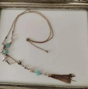 Gold tone Tassel Necklace Blue beads with light Pink champagne pearl